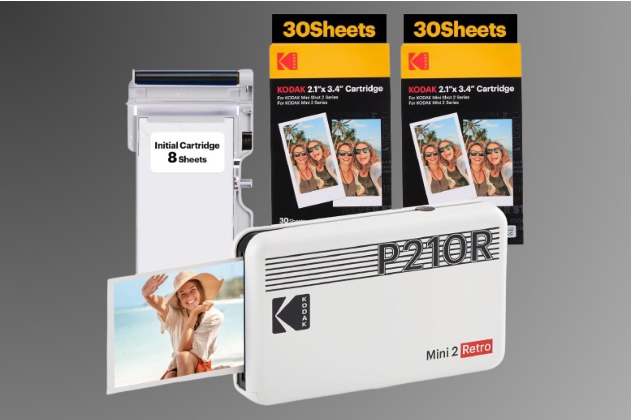 KODAK Mini 2 4PASS Portable Photo Printer on a gradient background