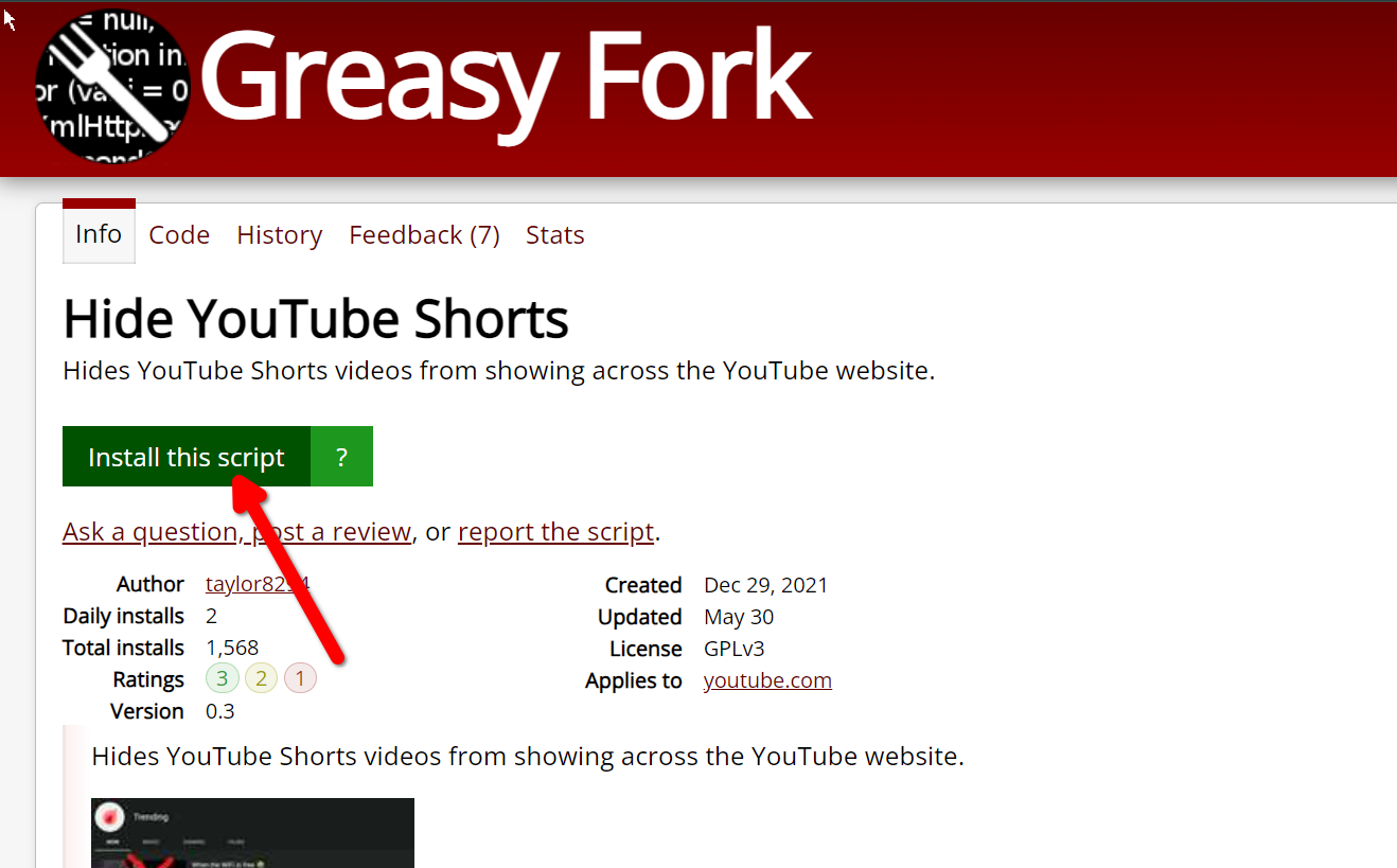 Installing the Hide YouTube Shorts script.