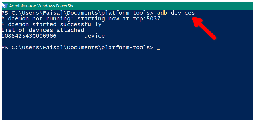 Using the PowerShell terminal to verify a successful ADB connection.