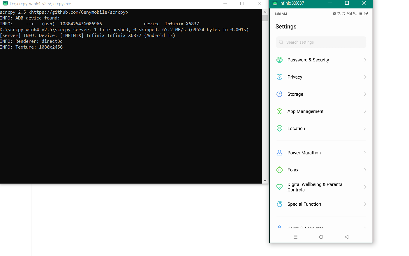 Mirrored Android phone screen using Scrcpy.