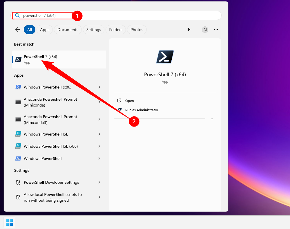 Search for PowerShell in the Start Menu, then click the top result. 