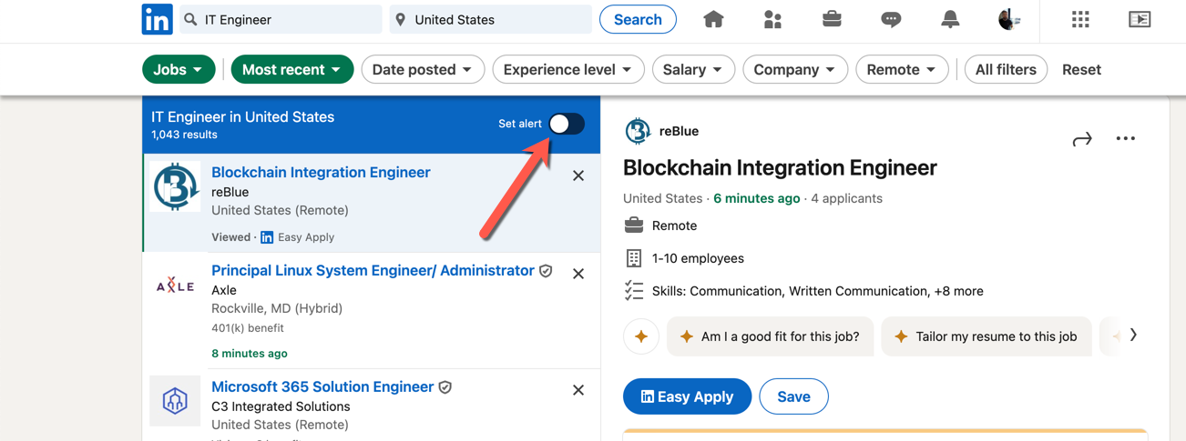 A LinkedIn job search with an arrow pointing at the "Set alert" button.