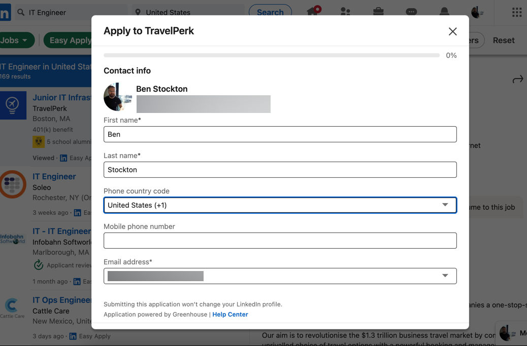 An example Easy Apply job application form on LinkedIn