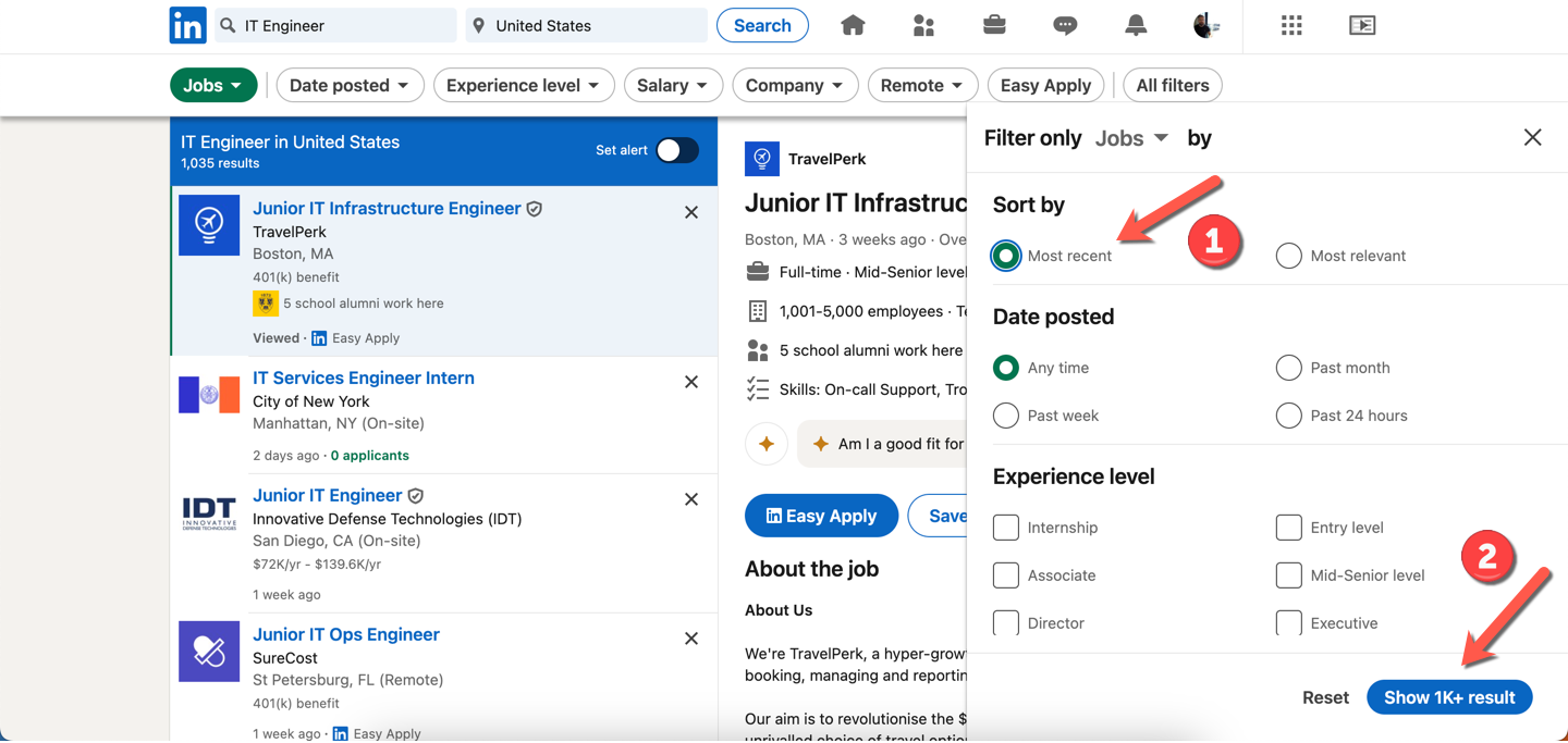 A LinkedIn job search, with the filter panel showing steps to sort by most recent.