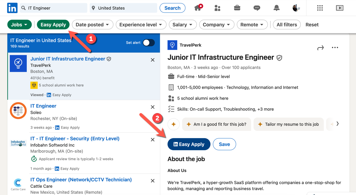 A LinkedIn job search, filtered by Easy Apply ads only, with arrows pointing at the options to filter the results and apply for jobs with the Easy Apply functionality.