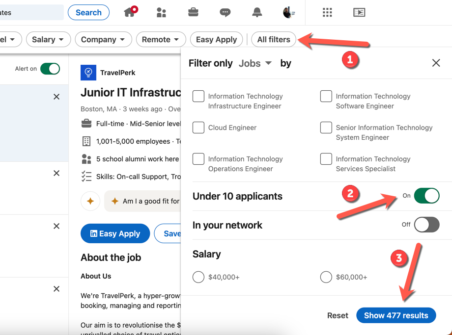 An example LinkedIn job search, with arrows showing the steps to apply the 'Under 10 Applicants' filter to narrow down the search.