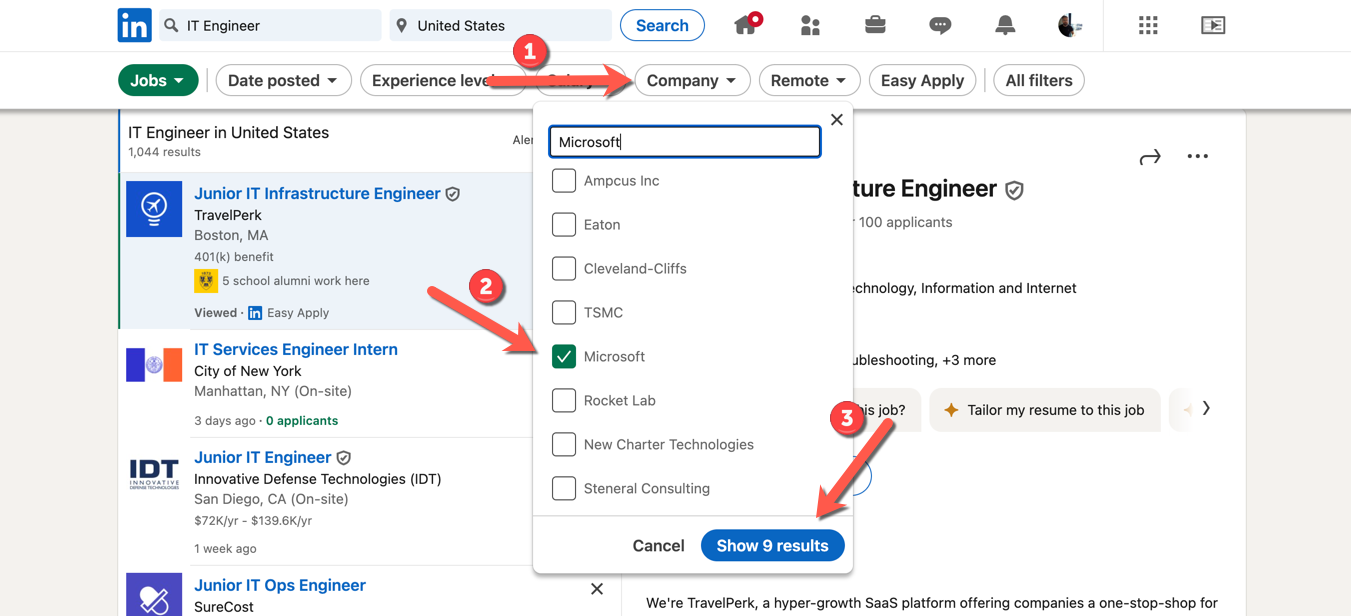 A LinkedIn job search, showing the steps to filter the search to only show ads from a specific company.