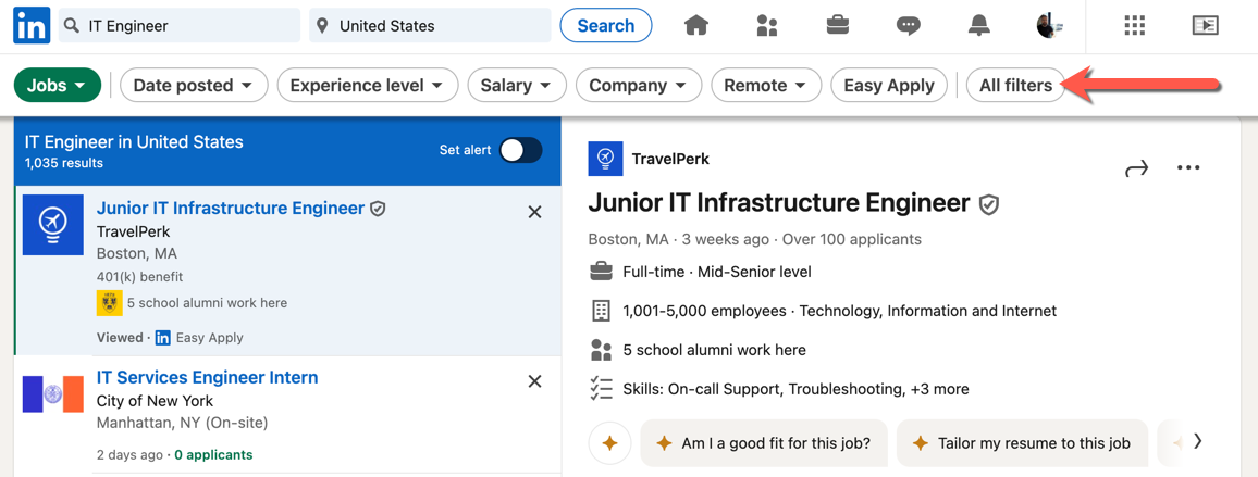 A LinkedIn job search with an arrow pointing at the All filters button