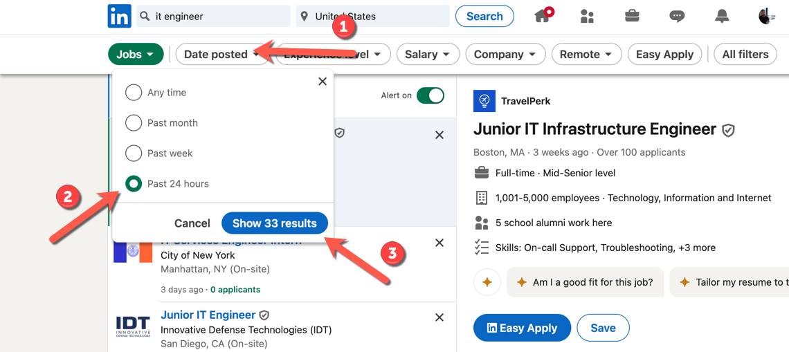 An example LinkedIn job search, with arrows pointing at the steps to narrow down a search result using the Date Posted filter.