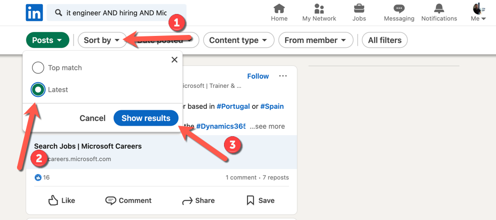 A LinkedIn posts search, with arrows pointing at the options to sort the search results by the latest options first.