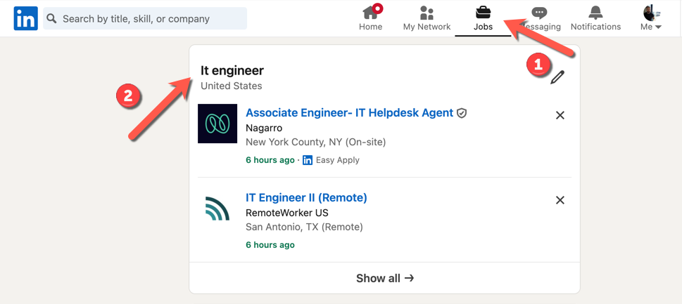 A saved job search on LinkedIn in the Jobs section of the website.