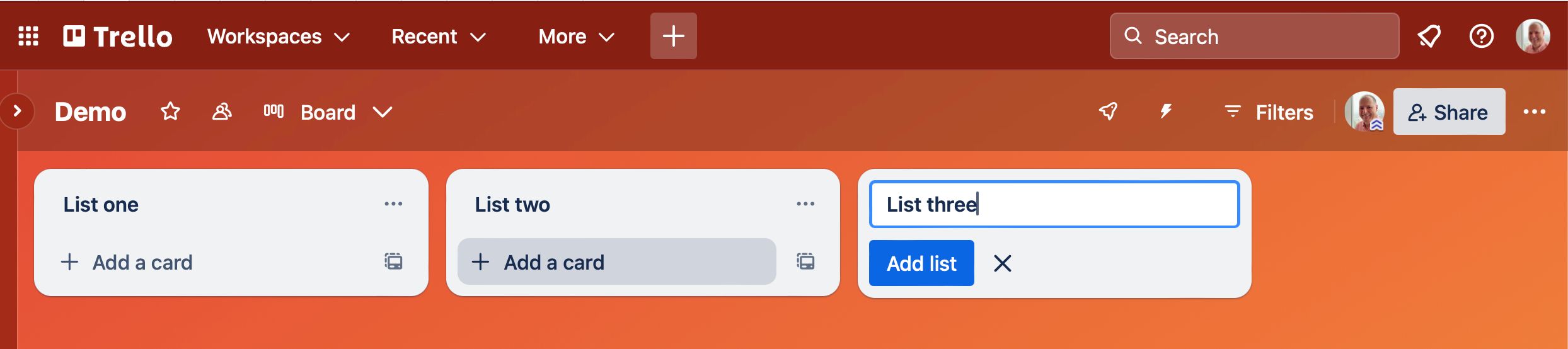 Adding lists to the Trello board. 