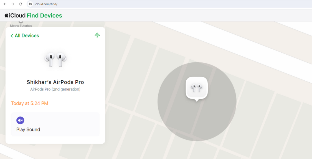 Locating AirPods Pro using Find My on iCloud for Web.