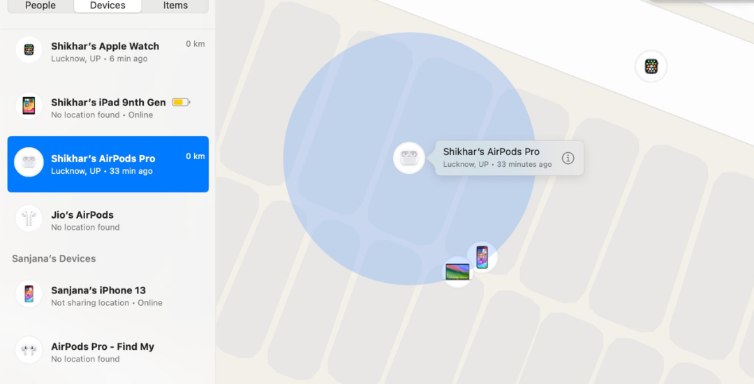 Screenshot of the Find My app on MacBook locating AirPods.