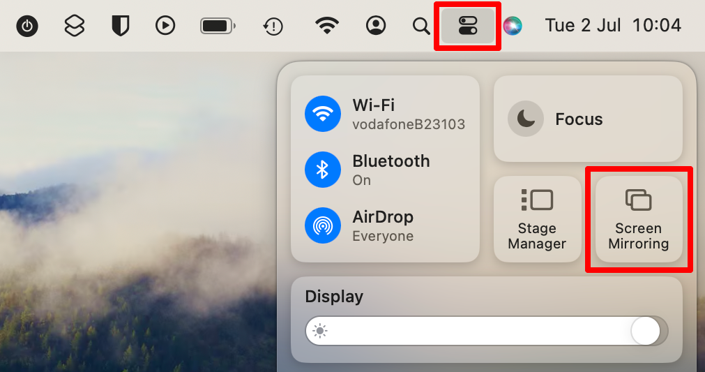 Mac Control Center highlighting 'Screen Mirroring' option.