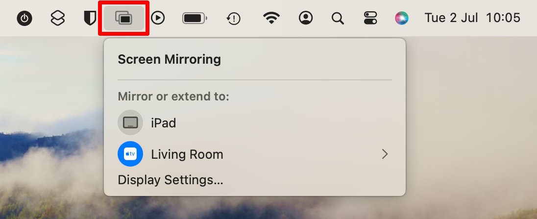 Mac menu bar highlighting Screen Mirroring button.