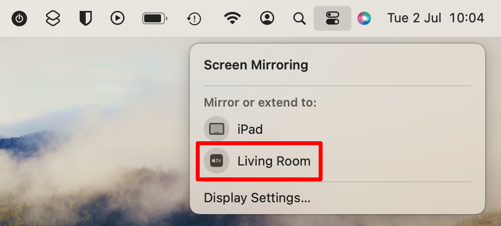 Mac Screen Mirroring options highlighting Apple TV option.