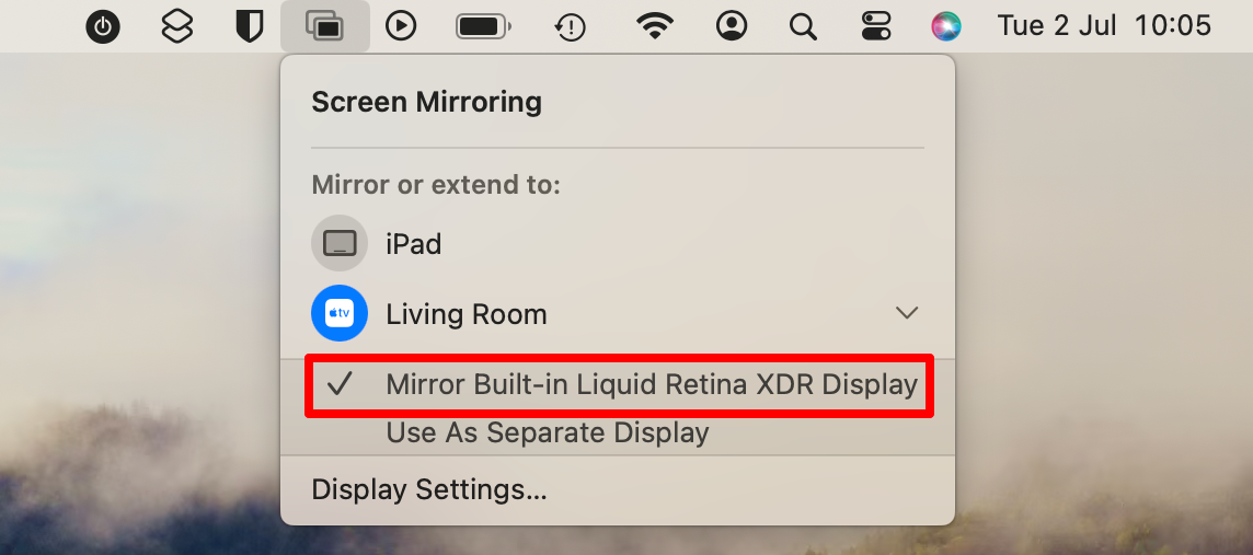 Mac Screen Mirroring options in menu bar highlighting option to 'Mirror' display.