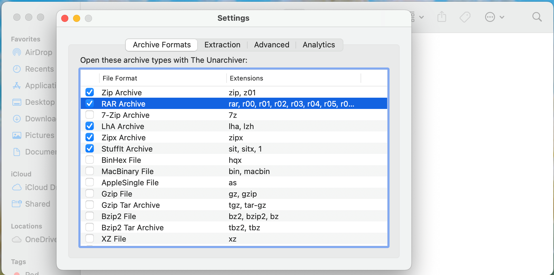 The file association options on Unarchiver. 