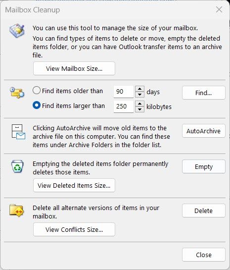 Outlook's Mailbox Cleanup tool.