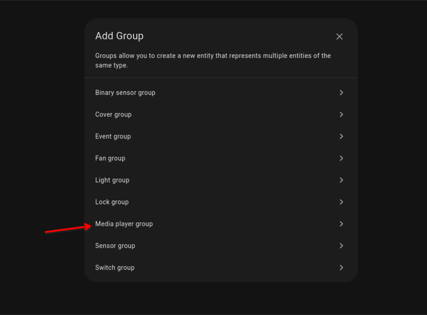 Selecting media player group in Settings.