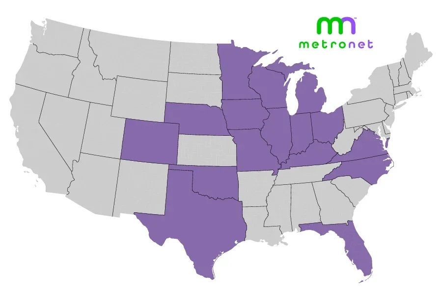 Map of Metronet coverage in the US, highlighting some midwest states, Florida, Virgina, North Carolina, and Texas.
