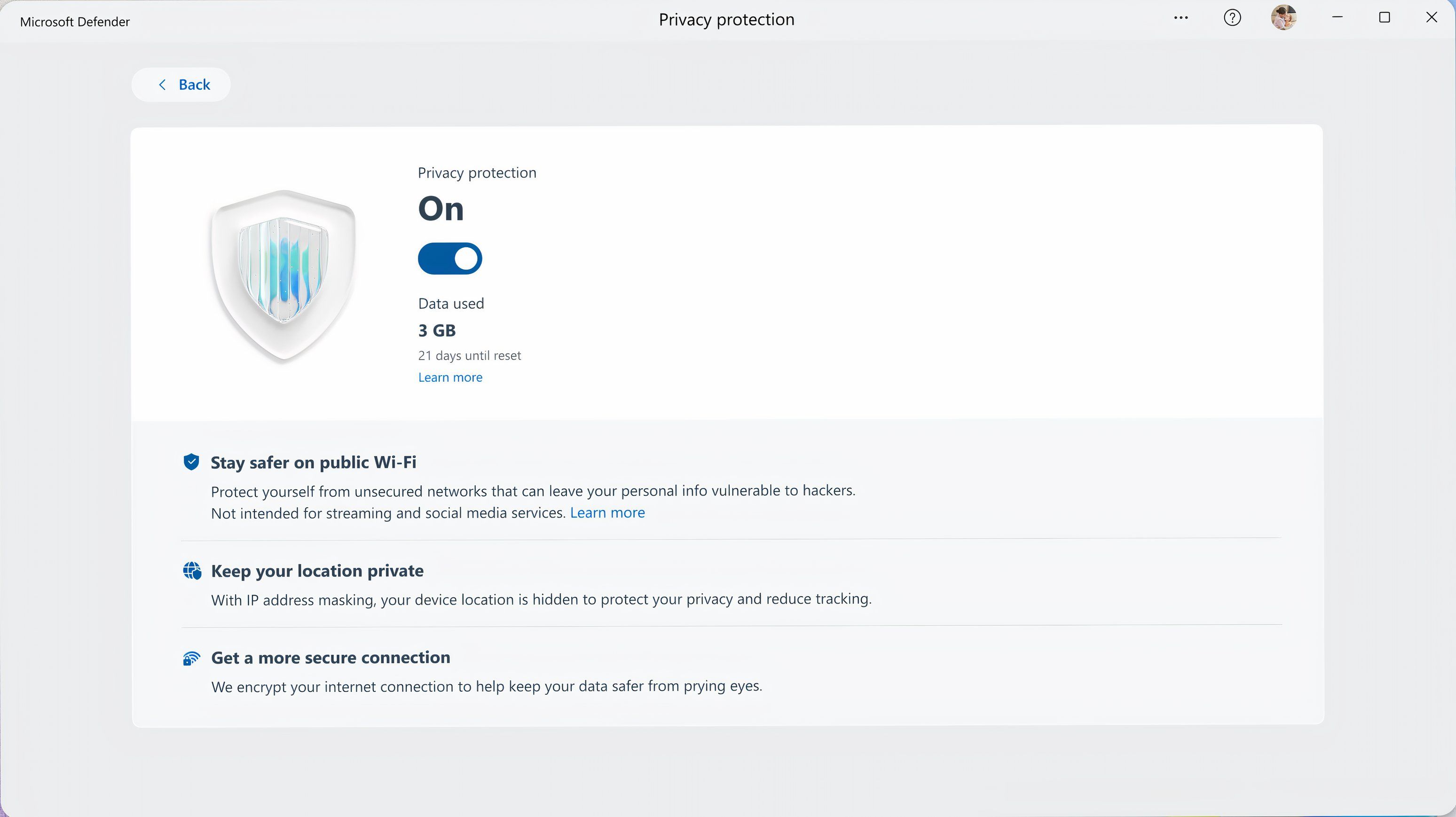 The Privacy Protection section in the Microsoft Defender app with the built-in VPN turned on.