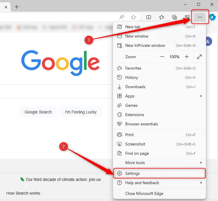 Microsoft Edge settings, accessed via the three dots in the top-right corner.