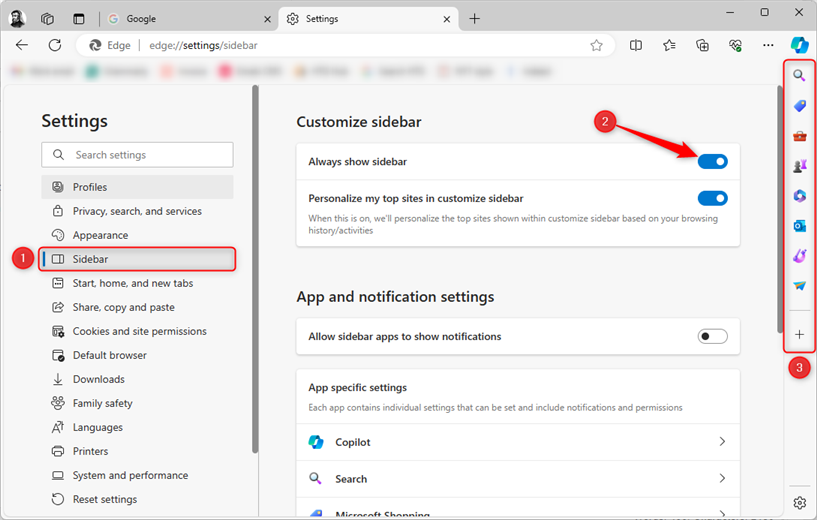 Microsoft Edge sidebar settings, with Always Show Sidebar toggled to On, and the sidebar showing on the right-side of the screen.