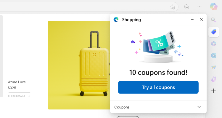 Microsoft Edge with the coupons pop-up showing discounts available on the website.