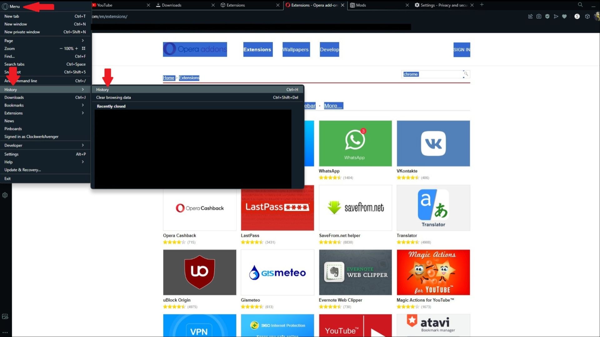 The Search History function on Opera GX