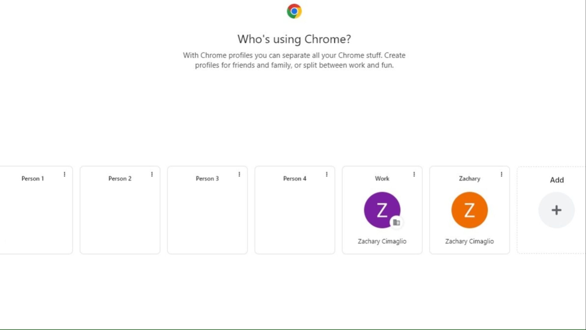 The "Profiles" page on Google Chrome, which appears on startup.