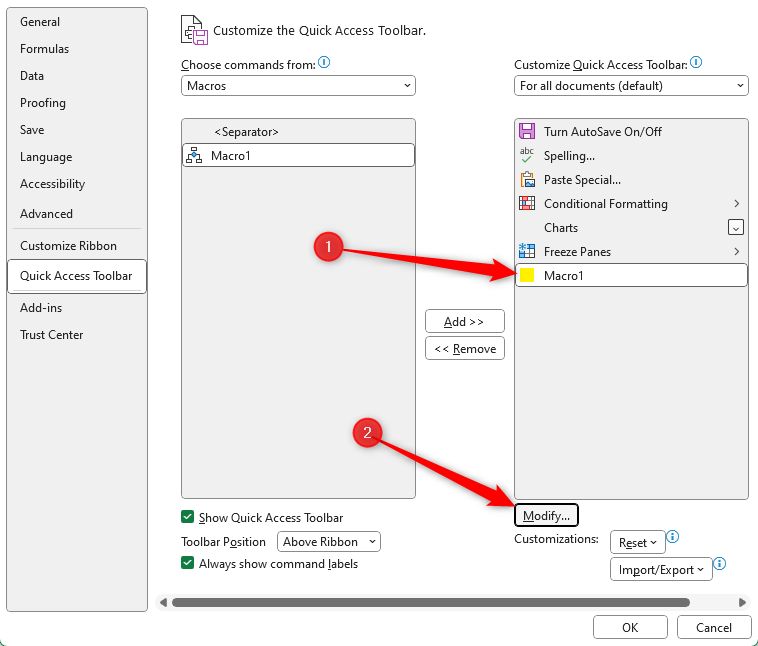 A macro is selected in the Excel Options QAT menu, and the Modify button is highlighted.