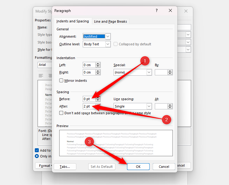 The Paragraph dialog box with spacing settings amended.