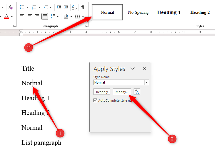 The Apply Styles dialog box for the Normal style on Microsoft Word.