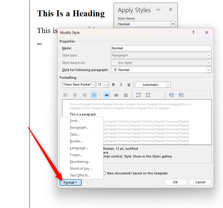 Word's Modify Style dialog box with the Format option selected and opened.