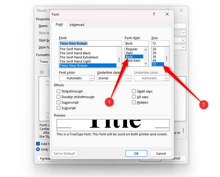 The Modify Style Font dialog box, with Bold and 72 pt selected.