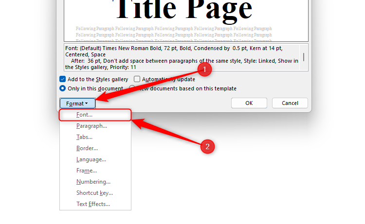 Microsoft Word's Modify Style dialog box with the Font option selected.