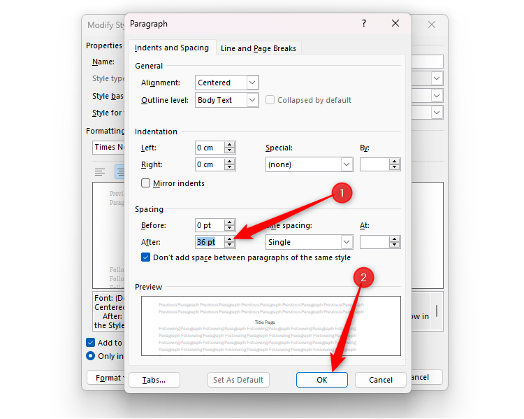Word's Modify Style Paragraph dialog box with the Spacing After changed to 36 pt, and the OK button selected.