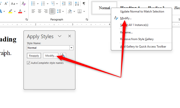 The different ways to modify a style in Microsoft Word are shown.