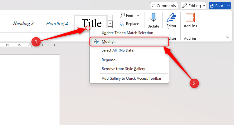 A Word document showing the menu that appears when a style in the Style Gallery is right-clicked, and the Modify option is highlighted.