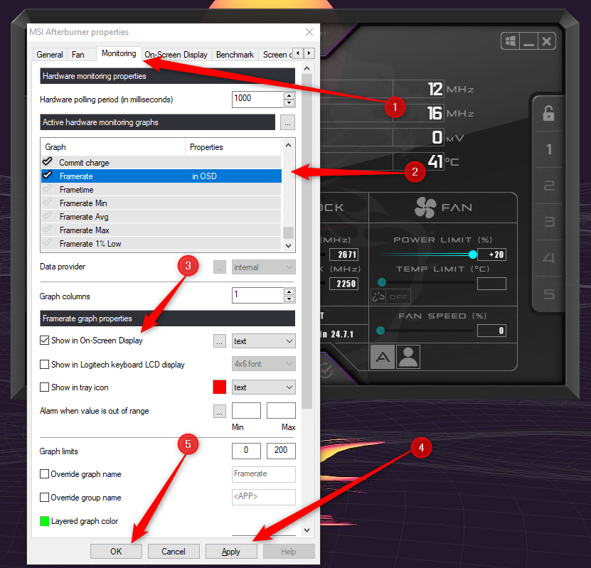 The monitoring tab in MSI Afterburner.