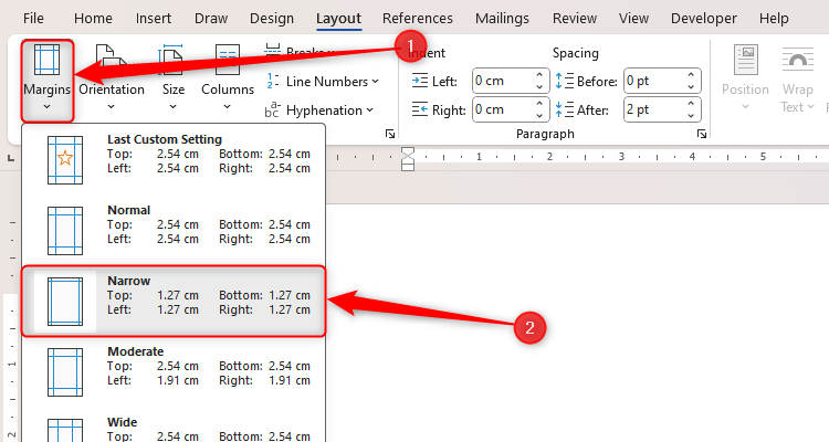 A Word document with the Narrow Margins option selected via the Layout tab.