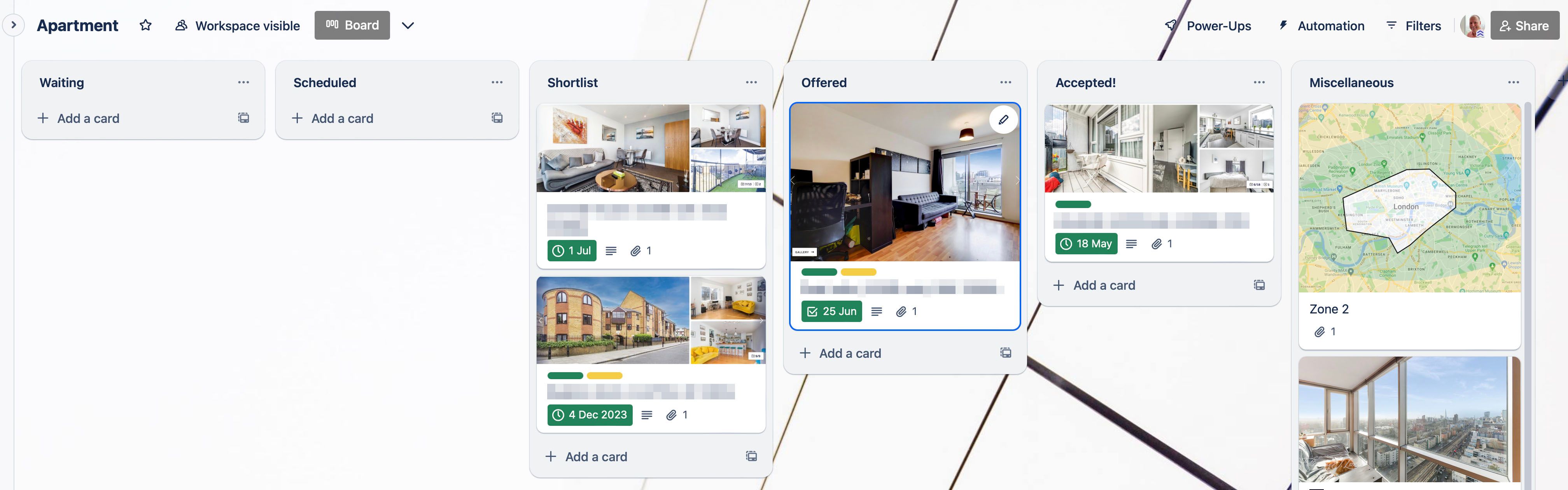 A Trello board with apartment listings. 