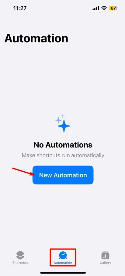New Automation option in the Shortcuts app.