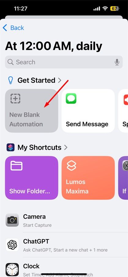 New Blank Automation option in the Shortcuts app.