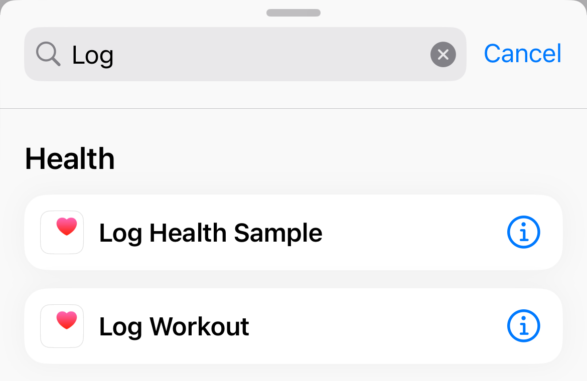 Adding the "Log Health Sample" action in the iPhone Shortcuts app.