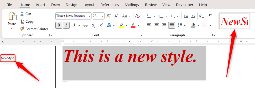 A Microsoft Word document showing the newly added style in the Style Area Pane and the Style Gallery.