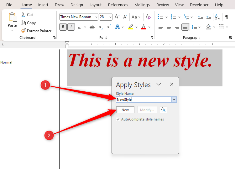 Text in Microsoft Word, with the Apply Styles dialog box on top showing the new style's name, 'New Style,' and the New button highlighted.
