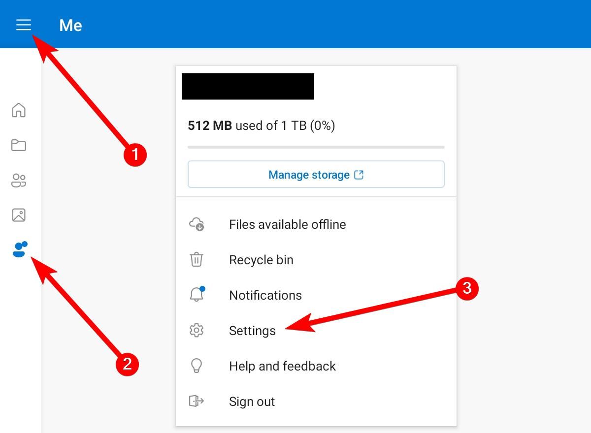 Navigating to the "Settings" screen in the OneDrive app on Android.